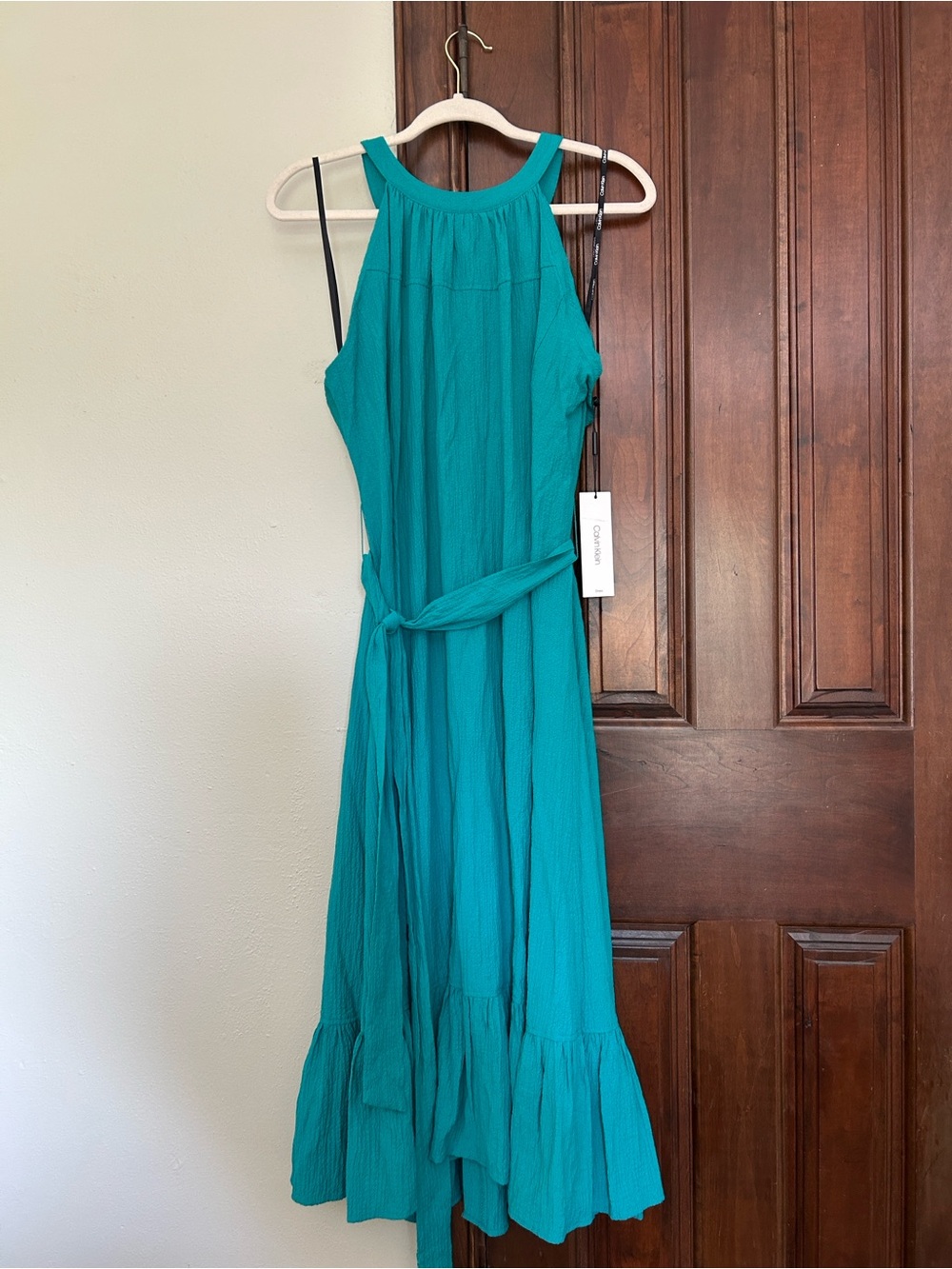 CALVIN KLEIN NWT Women’s Teal Halter Midi Dress with Waist Tie